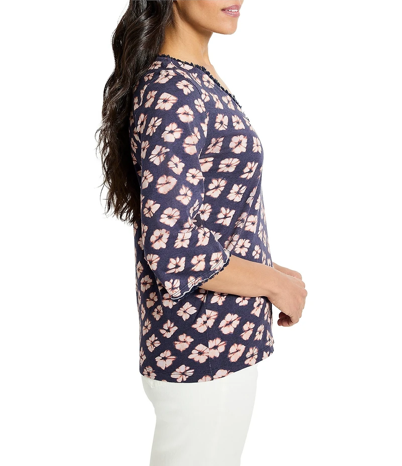 NIC + ZOE Geo Garden V-Neck Elbow Sleeve Fringe Tee