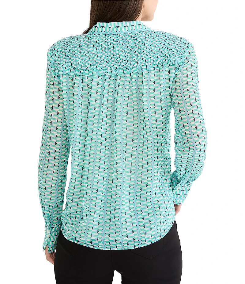 NIC + ZOE Geo Steps Chiffon Shirt Collar Long Sleeve Button Front Shirt