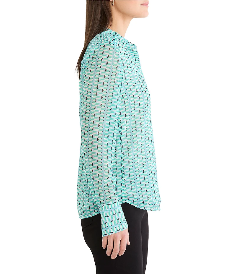NIC + ZOE Geo Steps Chiffon Shirt Collar Long Sleeve Button Front Shirt
