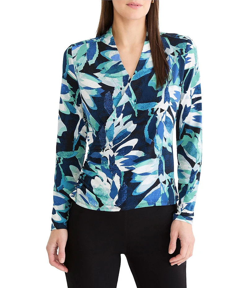 NIC + ZOE Giverny Knit Drape V-Neck Long Sleeve Faux Wrap Top