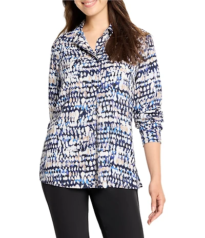 NIC + ZOE Harvest Dot Print Shirt Collar Long Sleeve Top