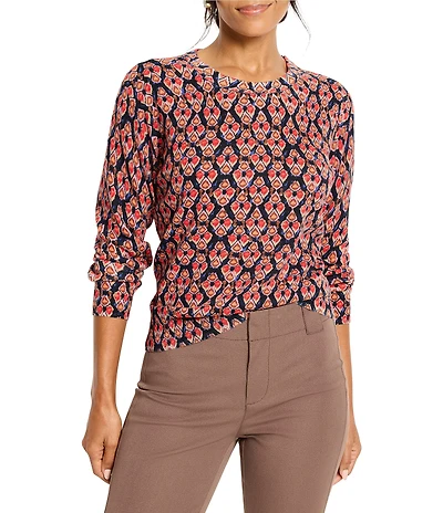 NIC + ZOE Harvest Ikat Print Knit Round Neck Long Sleeve Sweater