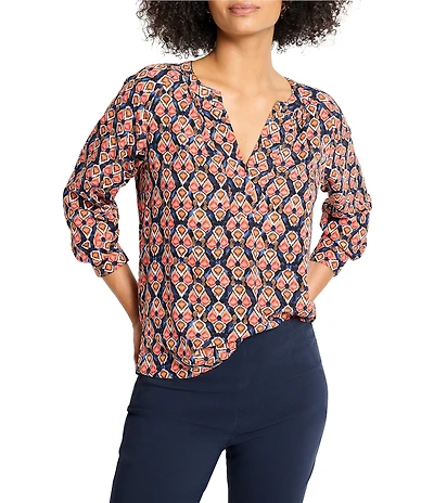 NIC + ZOE Harvest Ikat Split V-Neck Long Sleeve Blouse