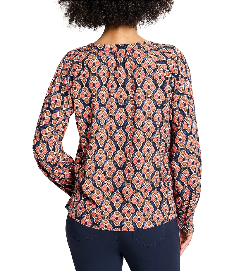 NIC + ZOE Harvest Ikat Split V-Neck Long Sleeve Blouse