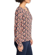 NIC + ZOE Harvest Ikat Split V-Neck Long Sleeve Blouse