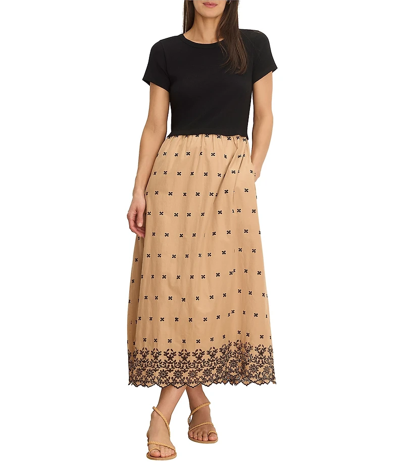NIC + ZOE Hazel Embroidered Crew Neck Short Sleeve Fit & Flare Midi Dress