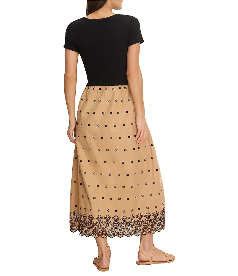 NIC + ZOE Hazel Embroidered Crew Neck Short Sleeve Fit & Flare Midi Dress