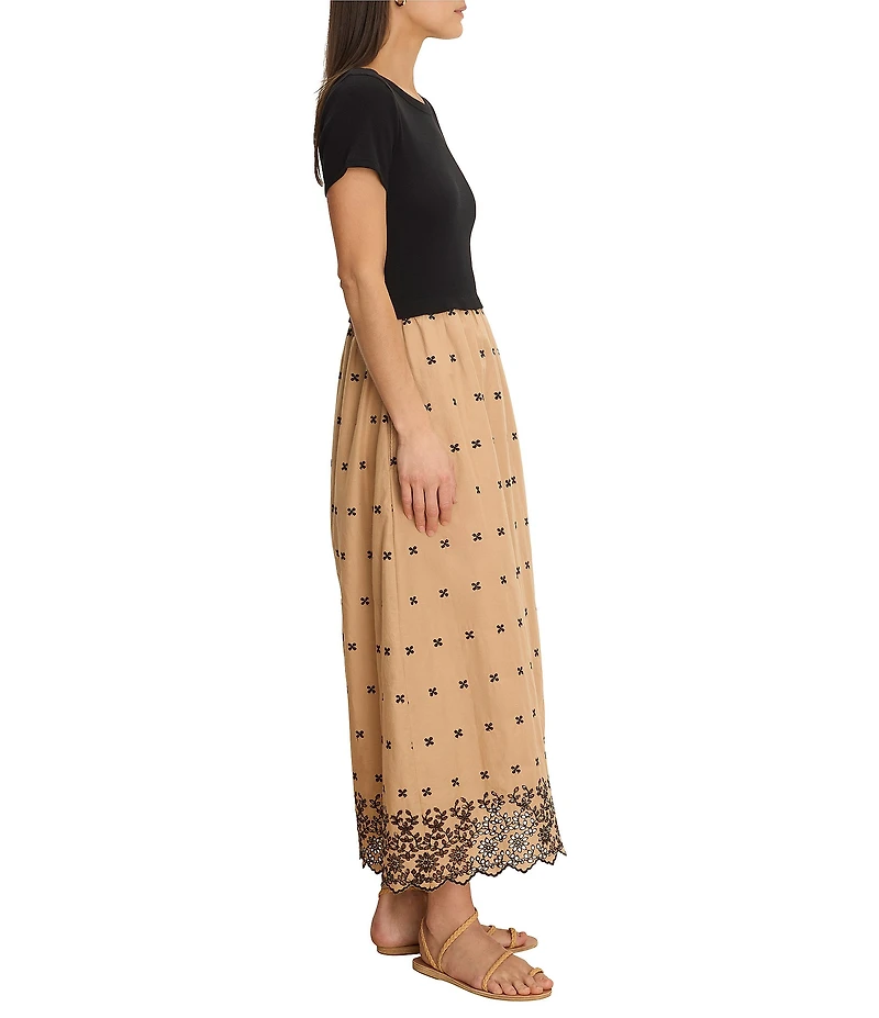 NIC + ZOE Hazel Embroidered Crew Neck Short Sleeve Fit & Flare Midi Dress