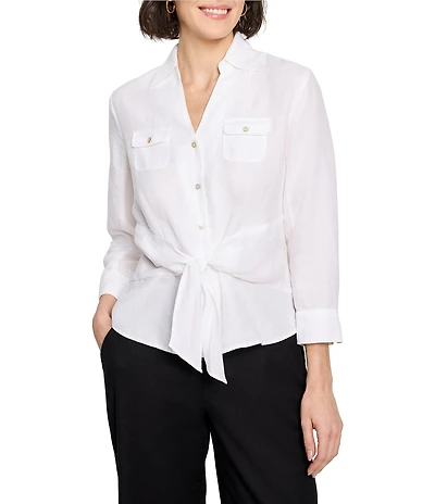 NIC + ZOE Iconic Woven Point Collar V-Neck 3/4 Sleeve Tie Front Shirt