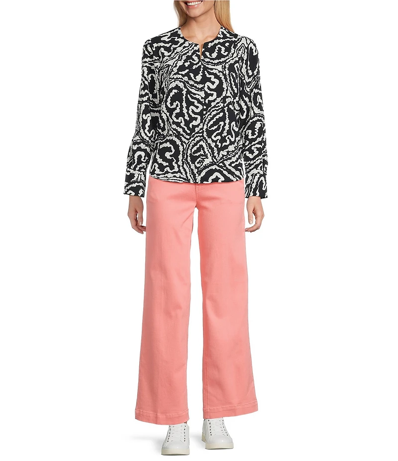 NIC + ZOE Indigo Leaf Double Crepe Split Neck Long Sleeve Top