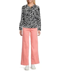 NIC + ZOE Indigo Leaf Double Crepe Split Neck Long Sleeve Top