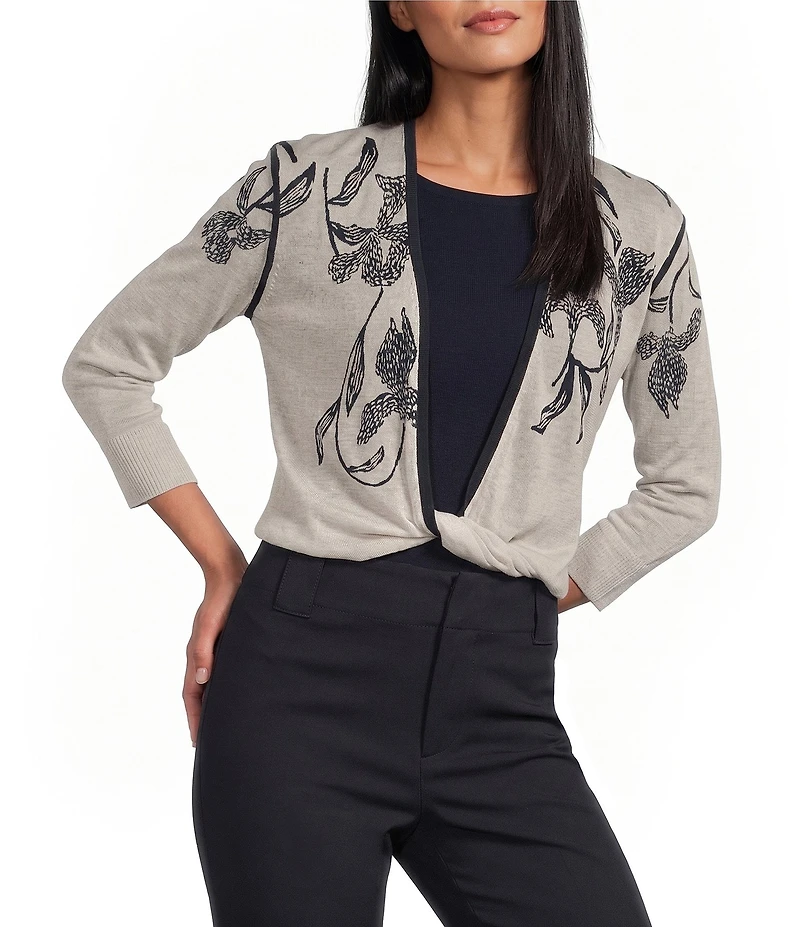NIC + ZOE Inked Blooms 4-Way Knit 3/4 Sleeve Cardigain