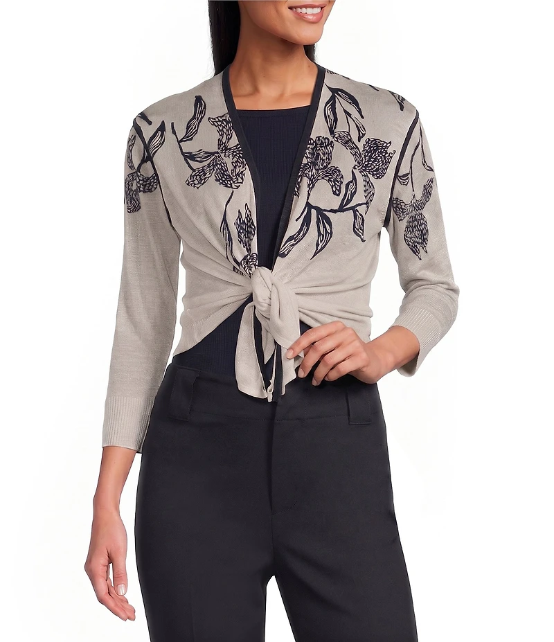 NIC + ZOE Inked Blooms 4-Way Knit 3/4 Sleeve Cardigain