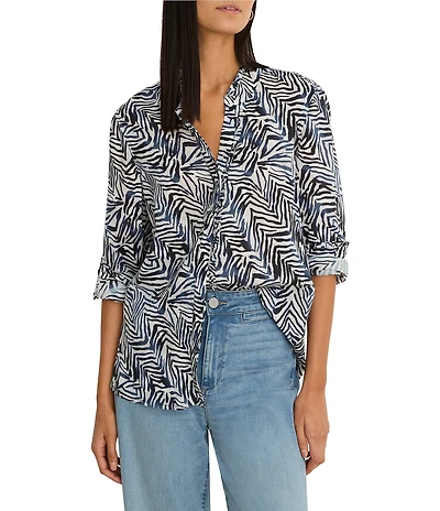 NIC + ZOE Inked Lines Bande Collar V-Neck Long Sleeve Shirt