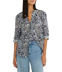 NIC + ZOE Inked Lines Bande Collar V-Neck Long Sleeve Shirt