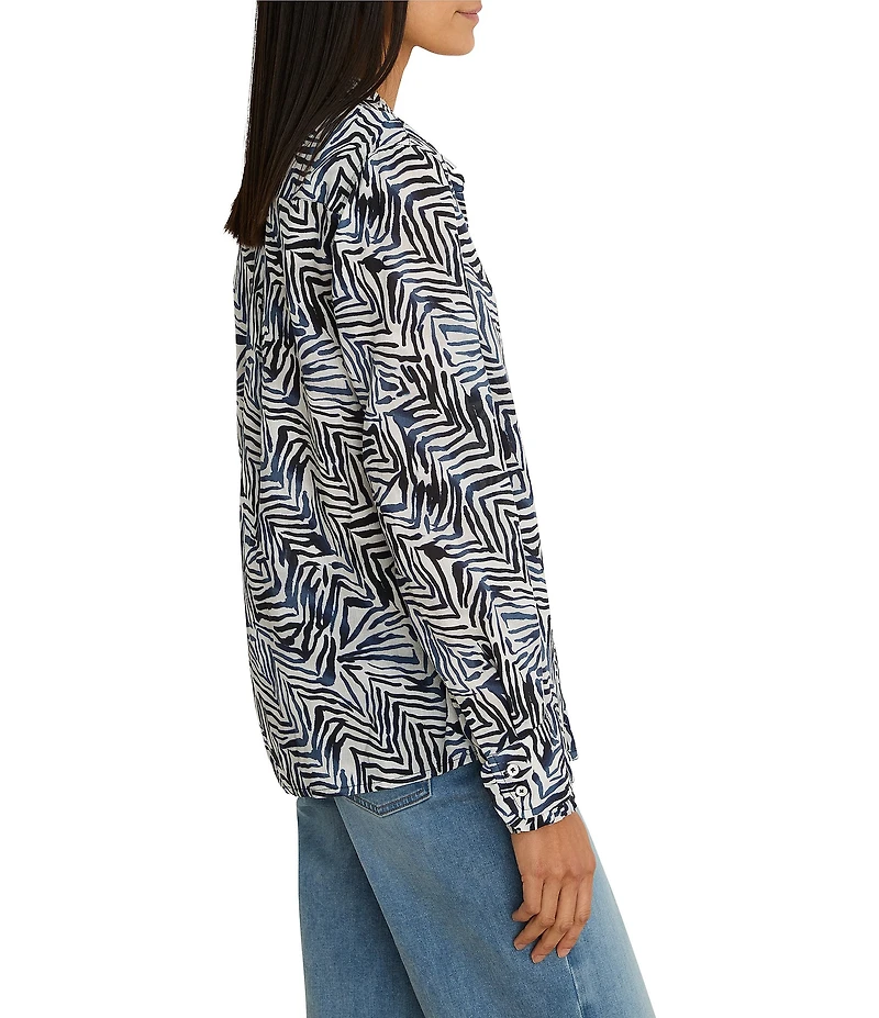 NIC + ZOE Inked Lines Bande Collar V-Neck Long Sleeve Shirt