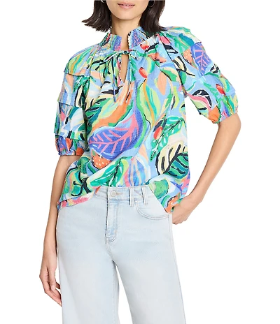 NIC + ZOE Island Tropical Beat Smocked Neck Pleated Short Puff Sleeve Top