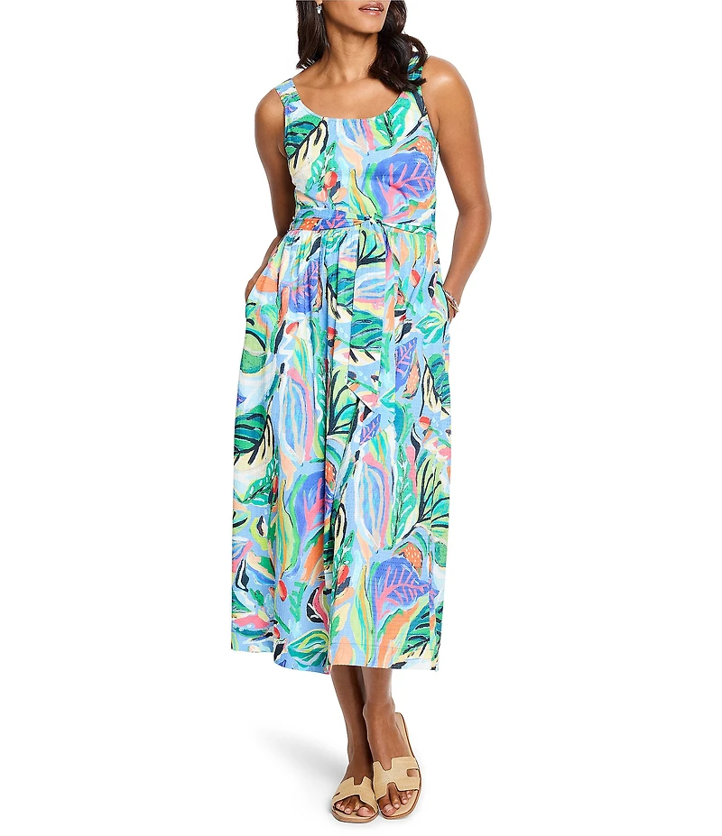 NIC + ZOE Island Tropical Beat Sophie Square Neck Sleeveless Fit-And-Flare Midi Dress