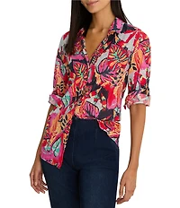 NIC + ZOE Kauai Garden Print Cotton Crinkle Collar Long Sleeve Shirt