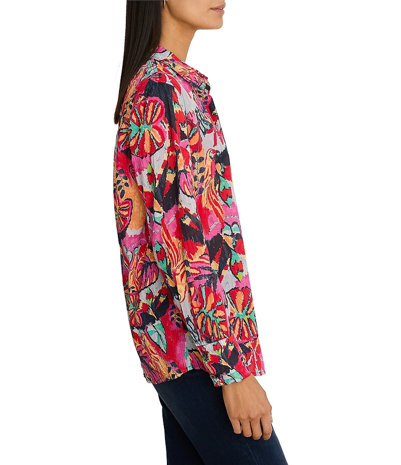 NIC + ZOE Kauai Garden Print Cotton Crinkle Collar Long Sleeve Shirt