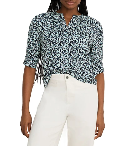 NIC + ZOE Knit Abstract Vines Print Split V-Neck Elbow Sleeve Top