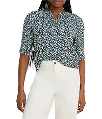 NIC + ZOE Knit Abstract Vines Print Split V-Neck Elbow Sleeve Top