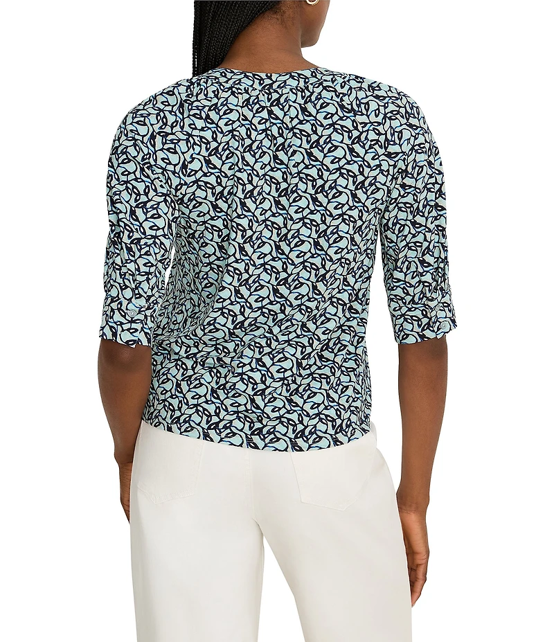 NIC + ZOE Knit Abstract Vines Print Split V-Neck Elbow Sleeve Top