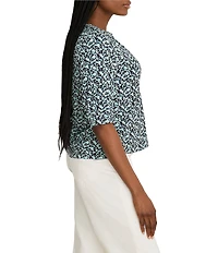 NIC + ZOE Knit Abstract Vines Print Split V-Neck Elbow Sleeve Top