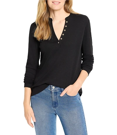 NIC + ZOE Knit Band Collar Henley Placket Long Sleeve Tee