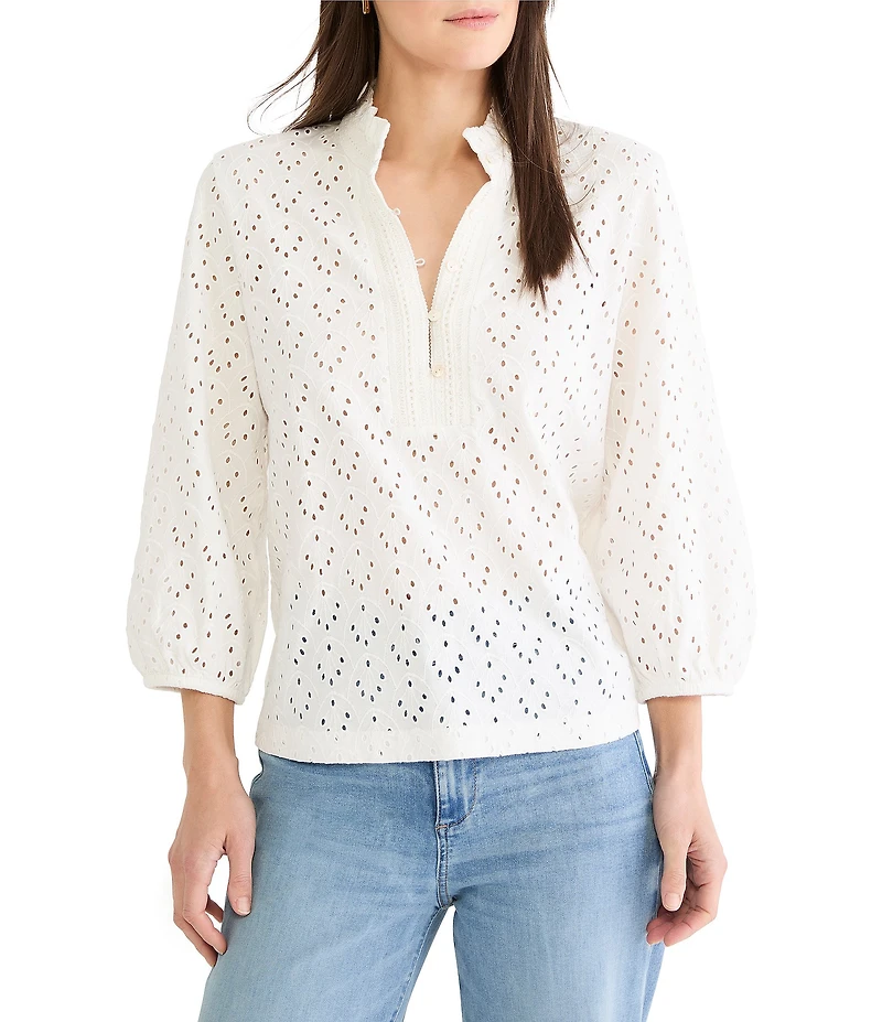 NIC + ZOE Knit Eyelet Banded Collar Ruffle Neck 3/4 Sleeve Top