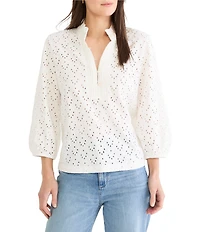 NIC + ZOE Knit Eyelet Banded Collar Ruffle Neck 3/4 Sleeve Top