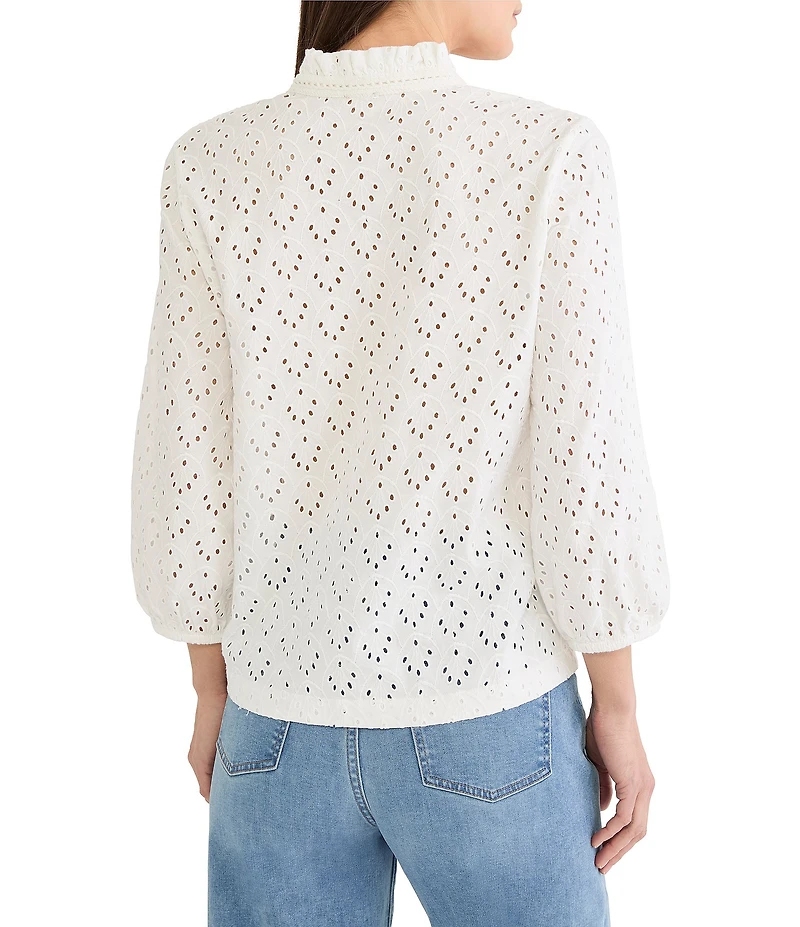 NIC + ZOE Knit Eyelet Banded Collar Ruffle Neck 3/4 Sleeve Top