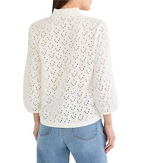 NIC + ZOE Knit Eyelet Banded Collar Ruffle Neck 3/4 Sleeve Top