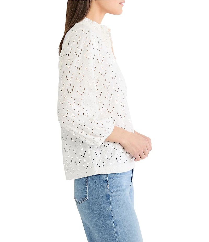 NIC + ZOE Knit Eyelet Banded Collar Ruffle Neck 3/4 Sleeve Top