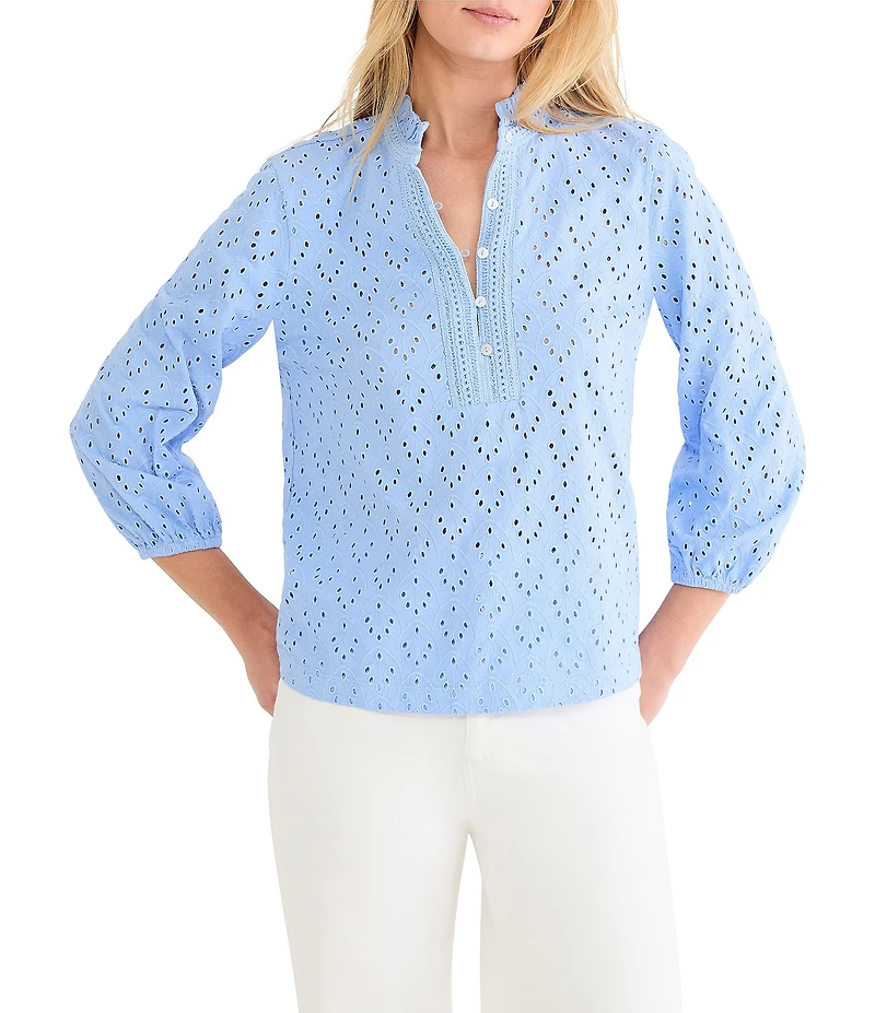 NIC + ZOE Knit Eyelet Banded Collar Ruffle Neck 3/4 Sleeve Top