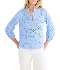 NIC + ZOE Knit Eyelet Banded Collar Ruffle Neck 3/4 Sleeve Top