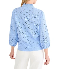 NIC + ZOE Knit Eyelet Banded Collar Ruffle Neck 3/4 Sleeve Top