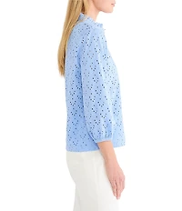 NIC + ZOE Knit Eyelet Banded Collar Ruffle Neck 3/4 Sleeve Top
