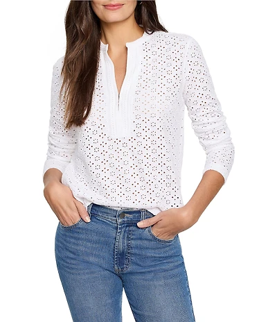 NIC + ZOE Knit Eyelet Split Neck Long Sleeve Top