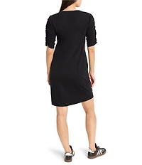 NIC + ZOE Knit Round Neck Ruched Elbow Sleeve Sheath Dress