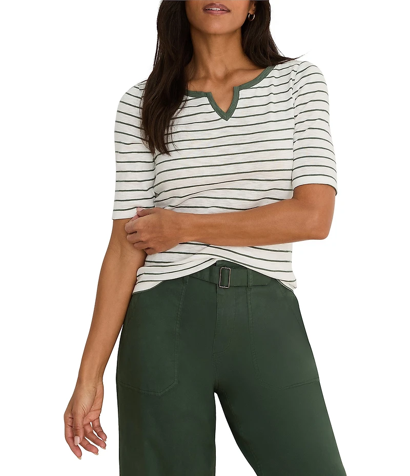 NIC + ZOE Knit Stripe Notch Split V-Neck Elbow Sleeve Tee