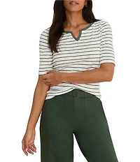 NIC + ZOE Knit Stripe Notch Split V-Neck Elbow Sleeve Tee