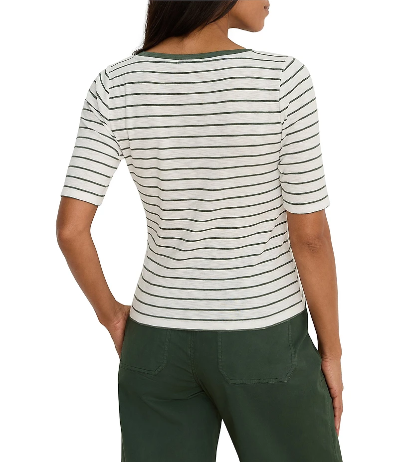 NIC + ZOE Knit Stripe Notch Split V-Neck Elbow Sleeve Tee