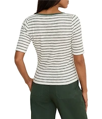 NIC + ZOE Knit Stripe Notch Split V-Neck Elbow Sleeve Tee