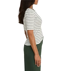 NIC + ZOE Knit Stripe Notch Split V-Neck Elbow Sleeve Tee