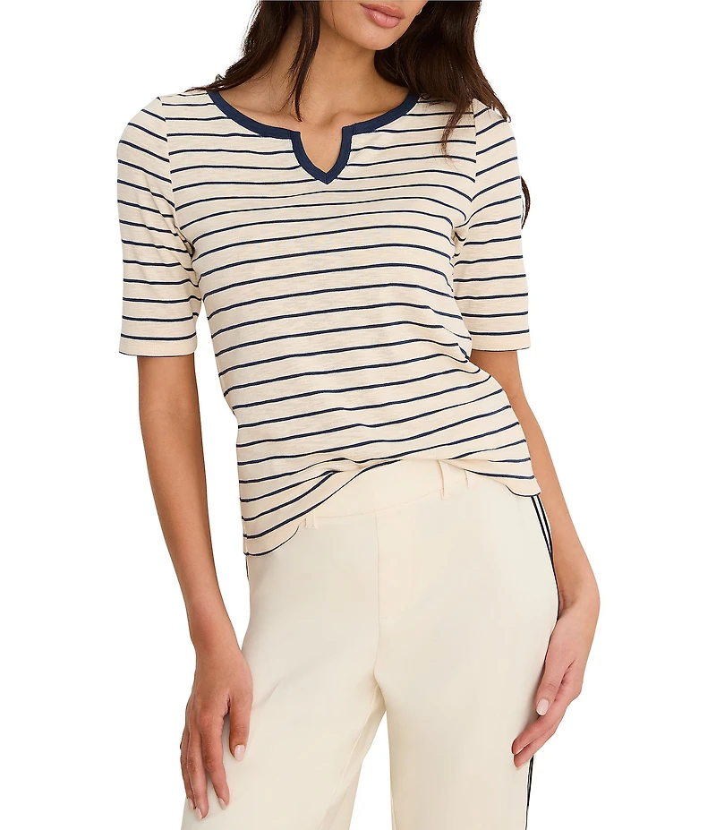 NIC + ZOE Knit Stripe Notch Split V-Neck Elbow Sleeve Tee