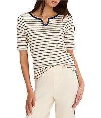 NIC + ZOE Knit Stripe Notch Split V-Neck Elbow Sleeve Tee