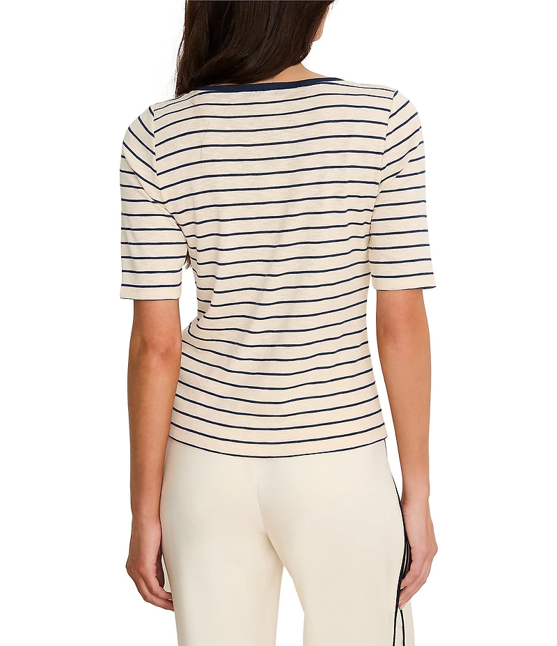 NIC + ZOE Knit Stripe Notch Split V-Neck Elbow Sleeve Tee