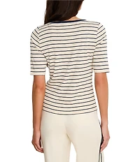 NIC + ZOE Knit Stripe Notch Split V-Neck Elbow Sleeve Tee
