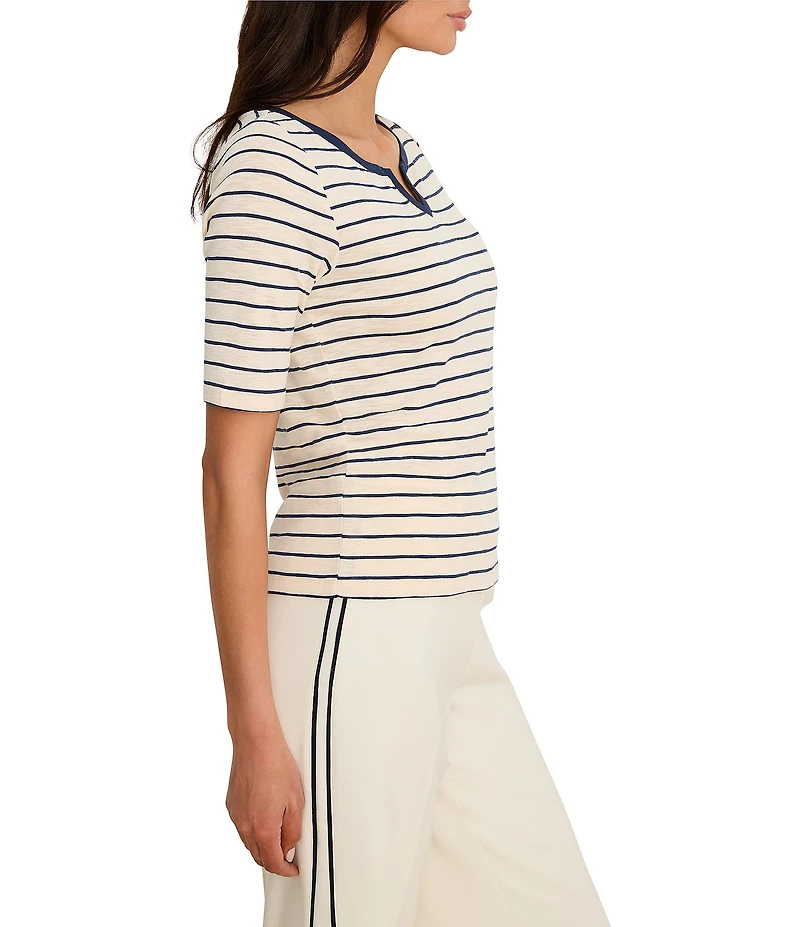 NIC + ZOE Knit Stripe Notch Split V-Neck Elbow Sleeve Tee